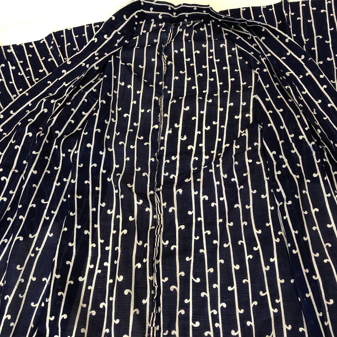 綿絽　浴衣　着物　紺色　縞模様　レトロ　ヴィンテージ　身丈約148.5 cm