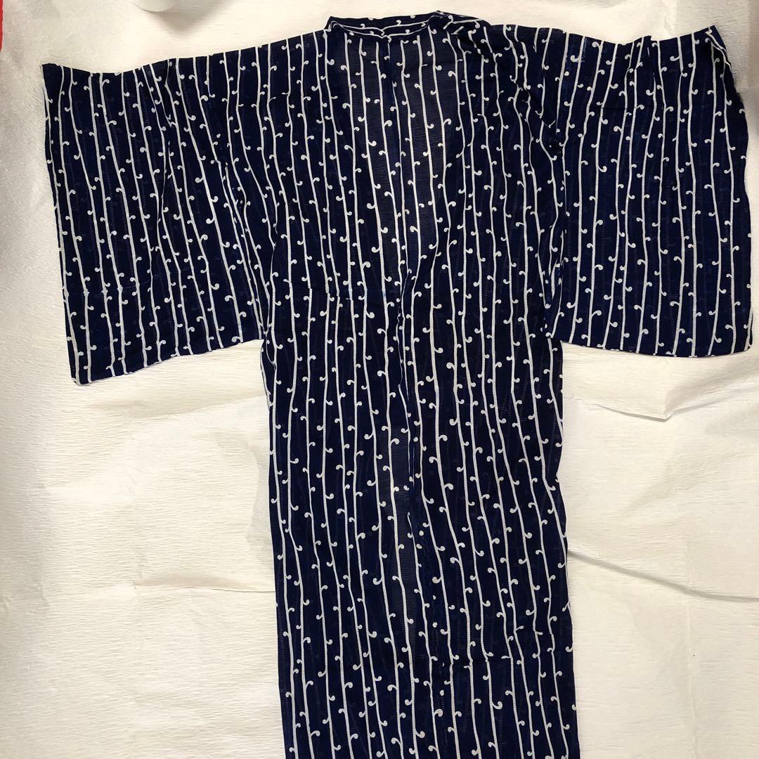 綿絽　浴衣　着物　紺色　縞模様　レトロ　ヴィンテージ　身丈約148.5 cm