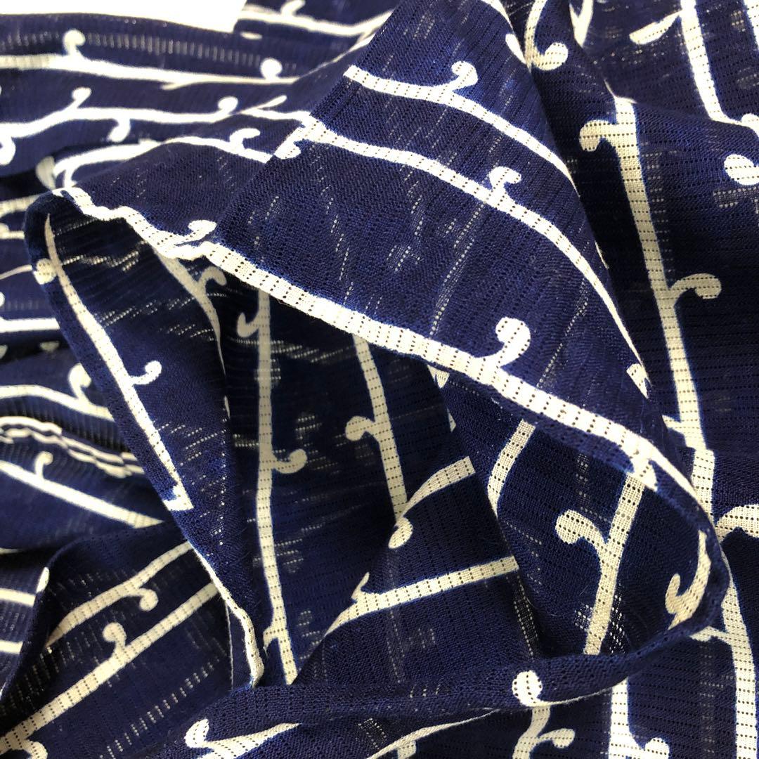 綿絽　浴衣　着物　紺色　縞模様　レトロ　ヴィンテージ　身丈約148.5 cm