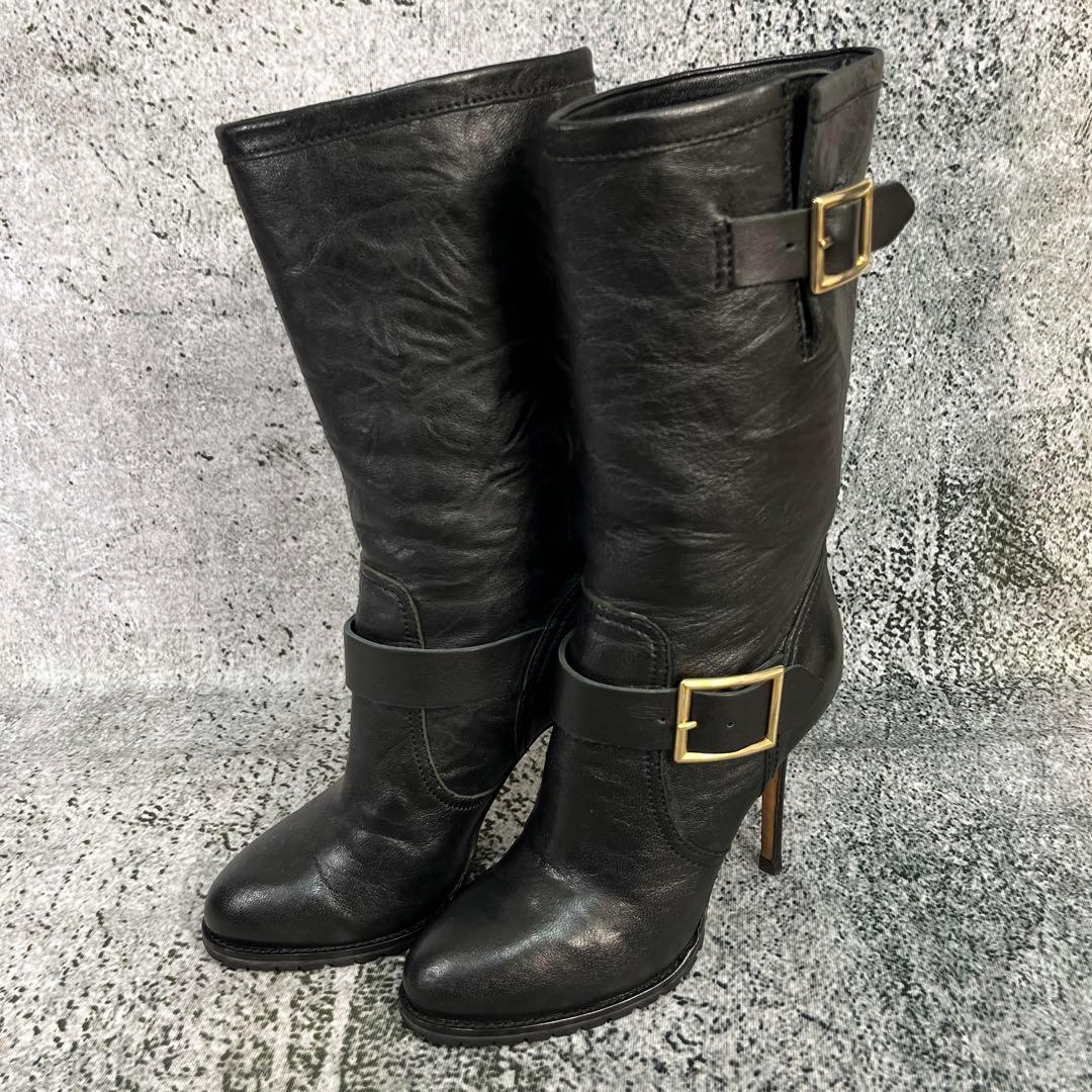 美品 ジミーチュウ エンジニアブーツ ピンヒール ブラック レザー バックル