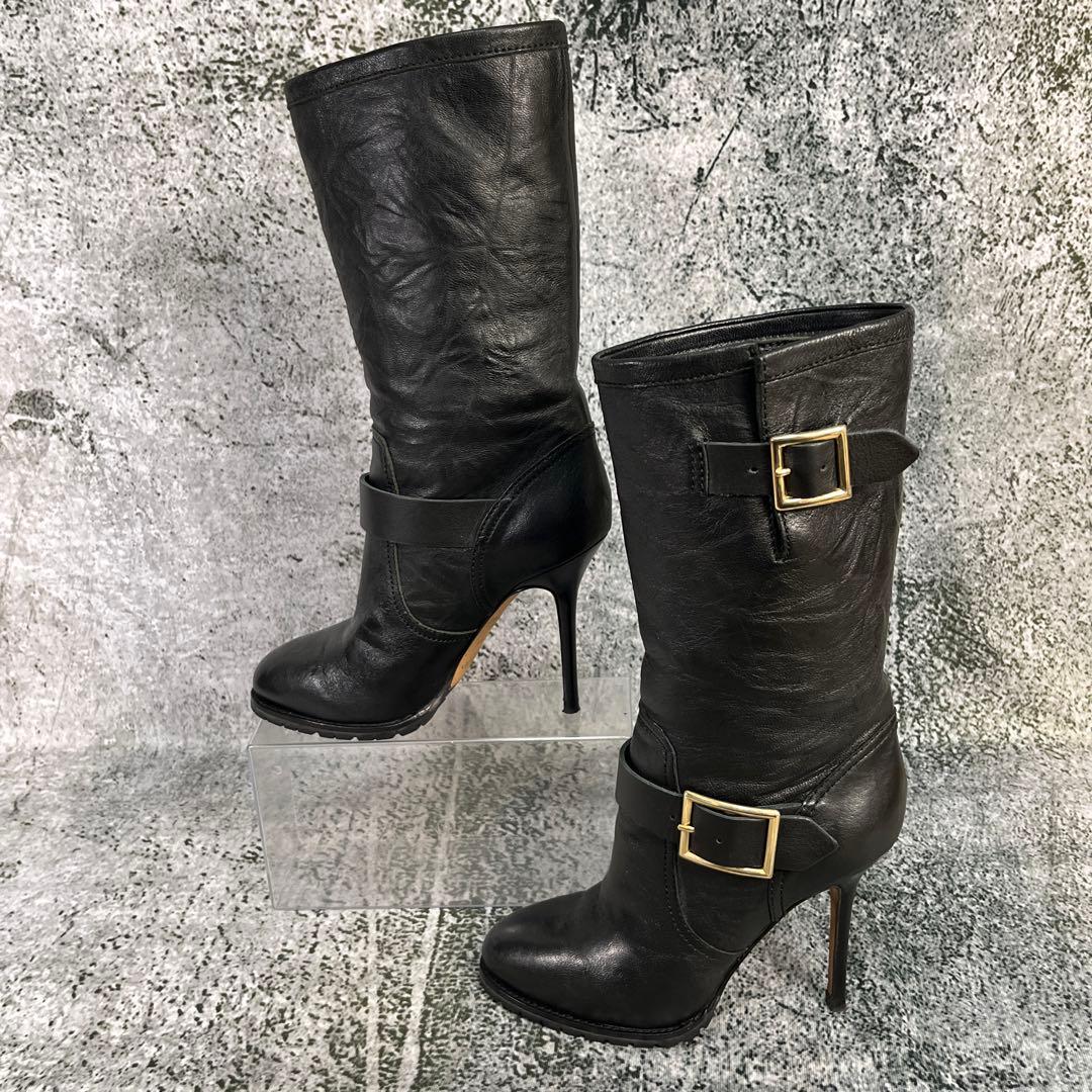 美品 ジミーチュウ エンジニアブーツ ピンヒール ブラック レザー バックル