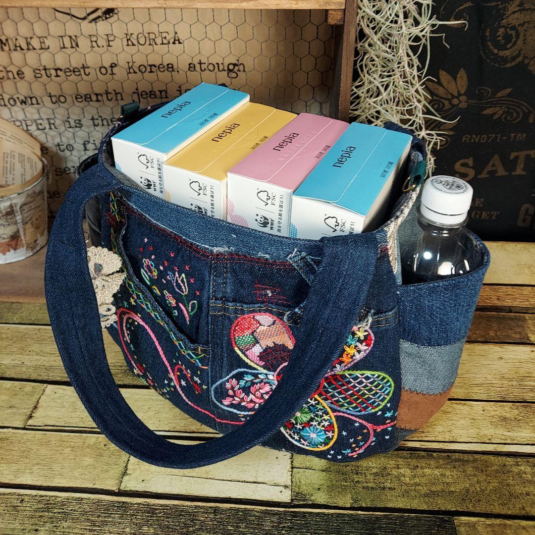 刺繍デニムバック　No.659　デニムリメイク　刺繍バック　サイドポケット