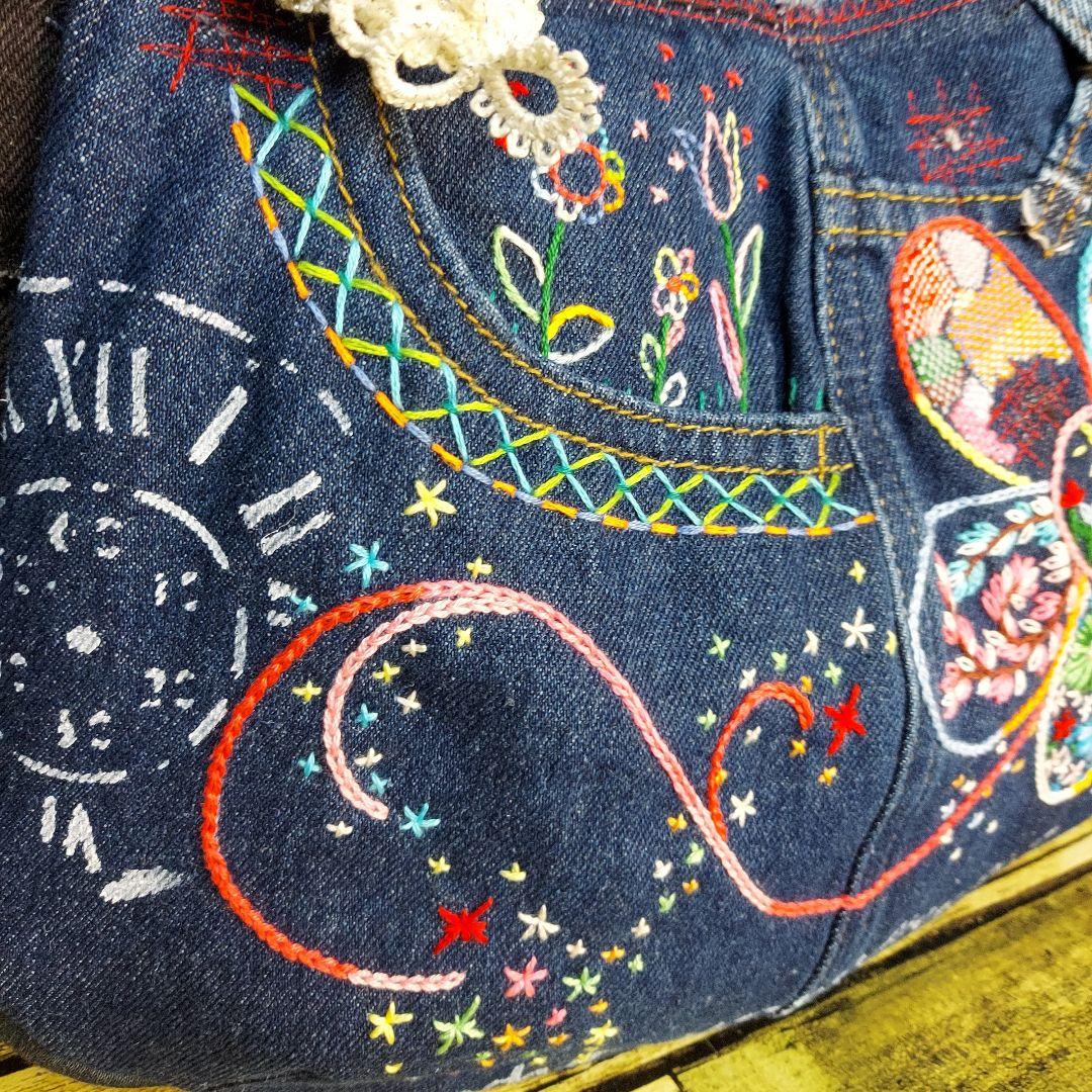 刺繍デニムバック　No.659　デニムリメイク　刺繍バック　サイドポケット
