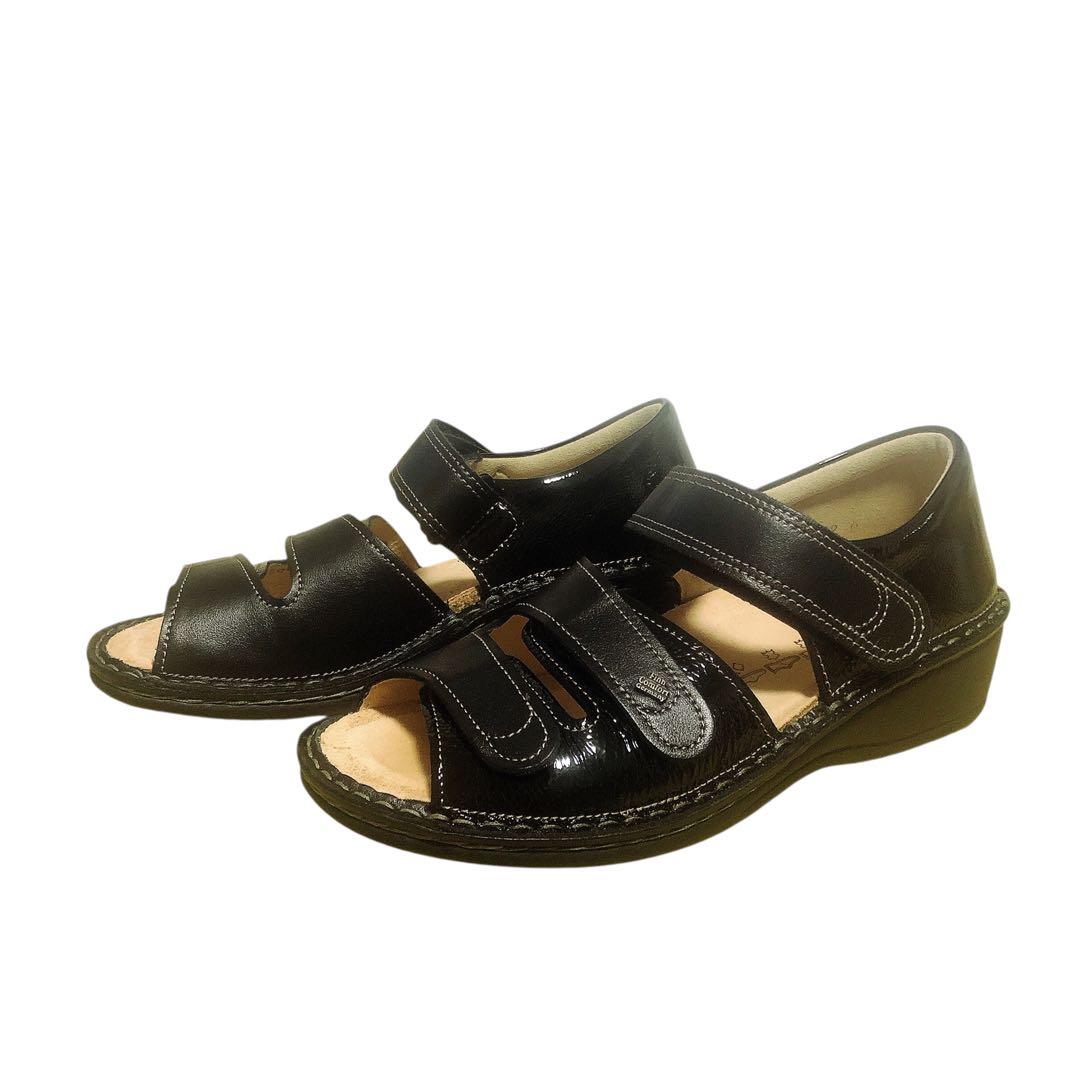 極美品 フィンコンフォート サンダル 黒 レザー エナメル 35D ほぼ未使用