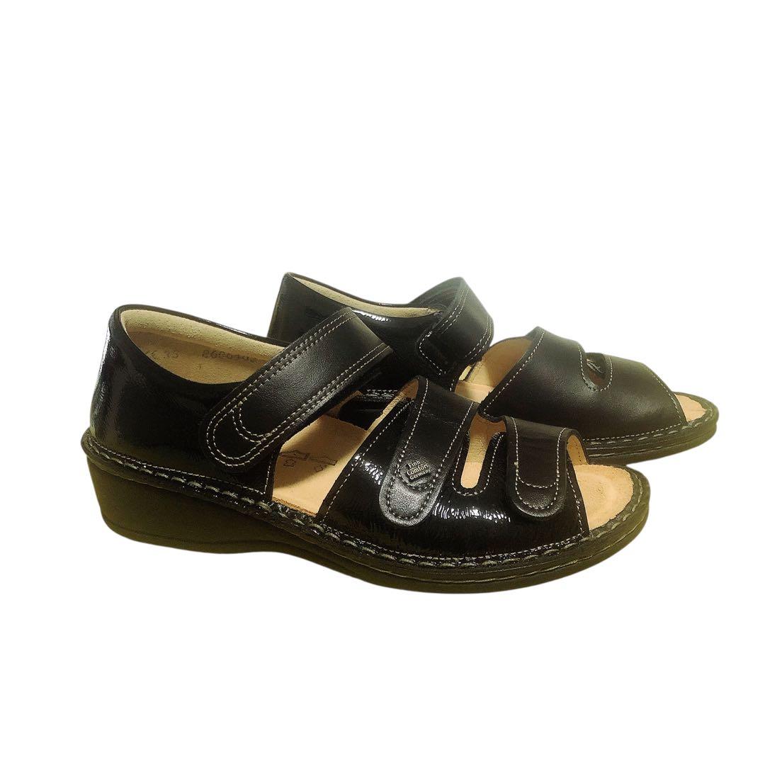 極美品 フィンコンフォート サンダル 黒 レザー エナメル 35D ほぼ未使用