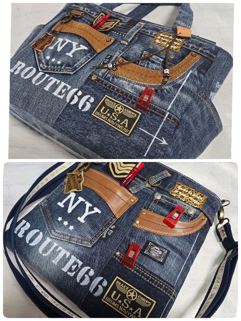 デニムリメイクトートバッグ 大きめ 上部ファスナー ＆サコッシュ 本革使用
