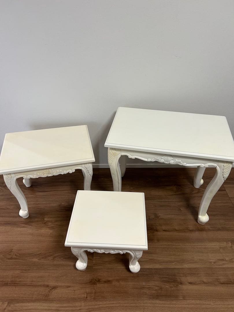 ホワイト　木製サイドテーブル　3点セット　ネストテーブル　カフェテーブル