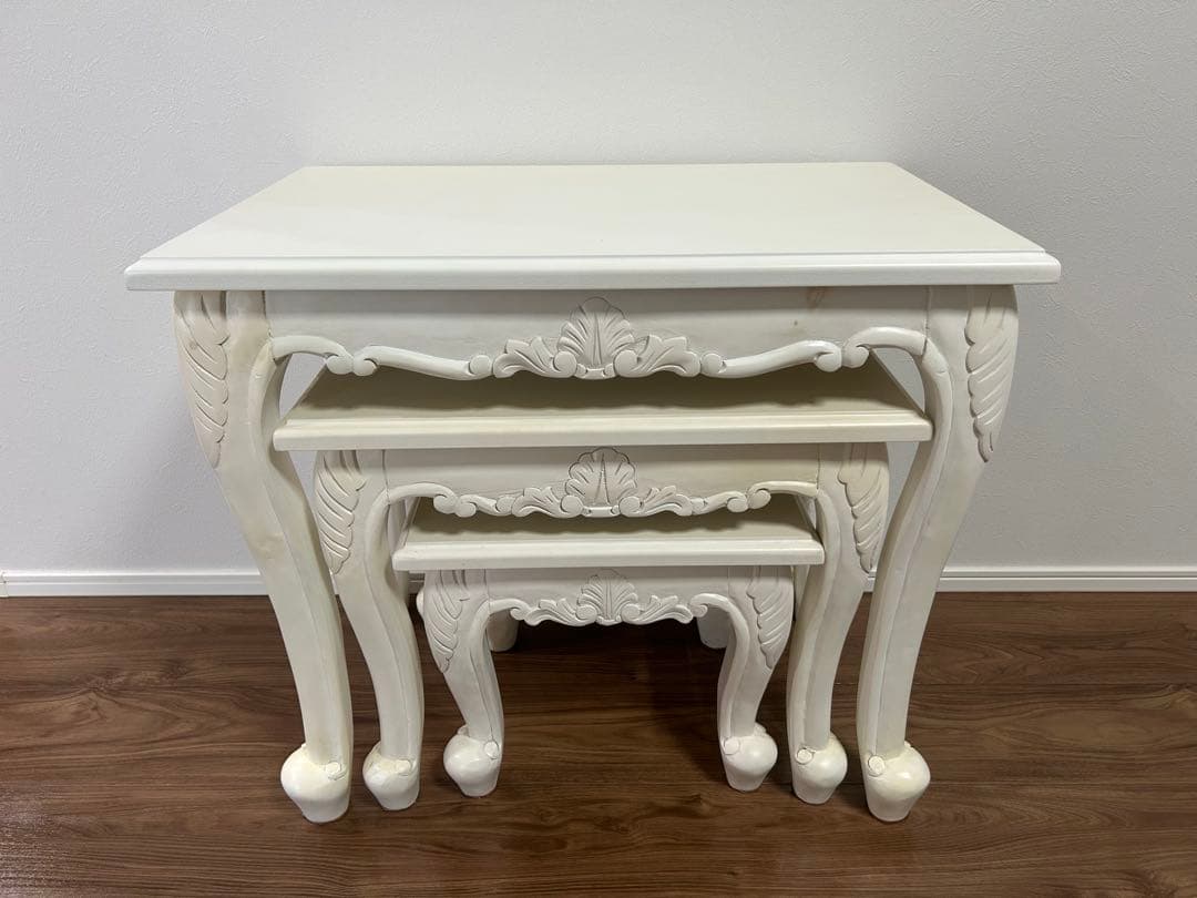 ホワイト　木製サイドテーブル　3点セット　ネストテーブル　カフェテーブル