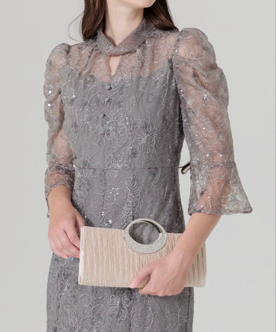 Leja スパンコール花柄刺繍ソフトパフスリーブドレスワンピース