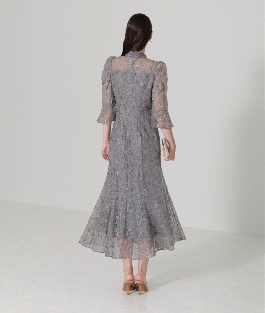 Leja スパンコール花柄刺繍ソフトパフスリーブドレスワンピース