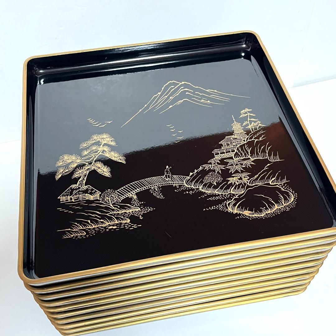 【蔵出し】懐石御膳 輪島塗 二度塗 美術漆器 沈金楼閣山水の図 10客 未使用品