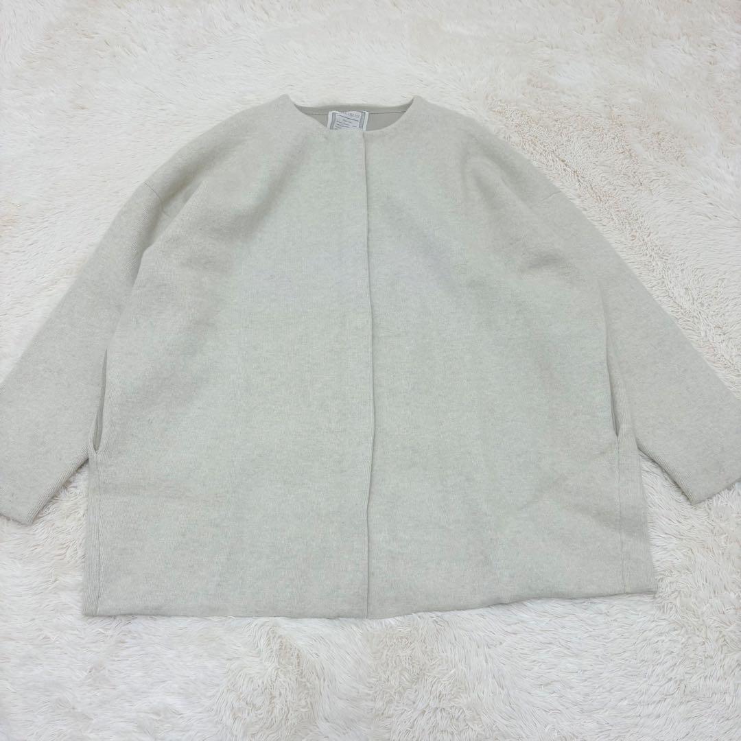 人気✨ビアズリー 洗える ニット コート カーディガン アイボリー ノーカラー