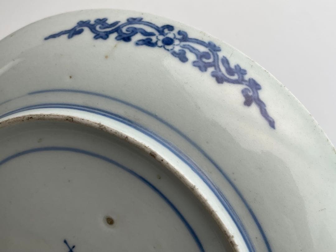 骨董　アンティーク　古伊万里　染付　花文様　七寸皿　窓絵　六弁花　丸皿