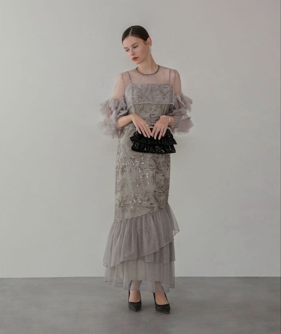 LEJA フラワースパンコールチュールフリルスリーブIラインワンピースドレス　S