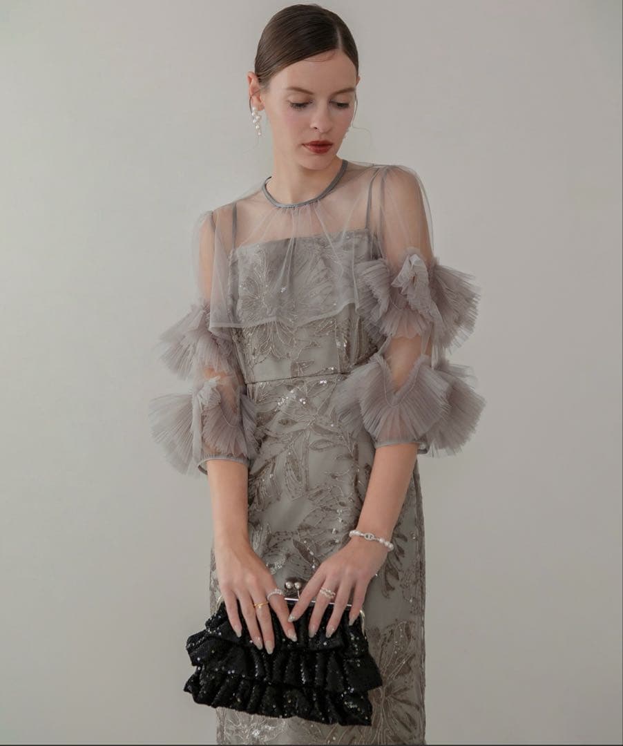 LEJA フラワースパンコールチュールフリルスリーブIラインワンピースドレス　S