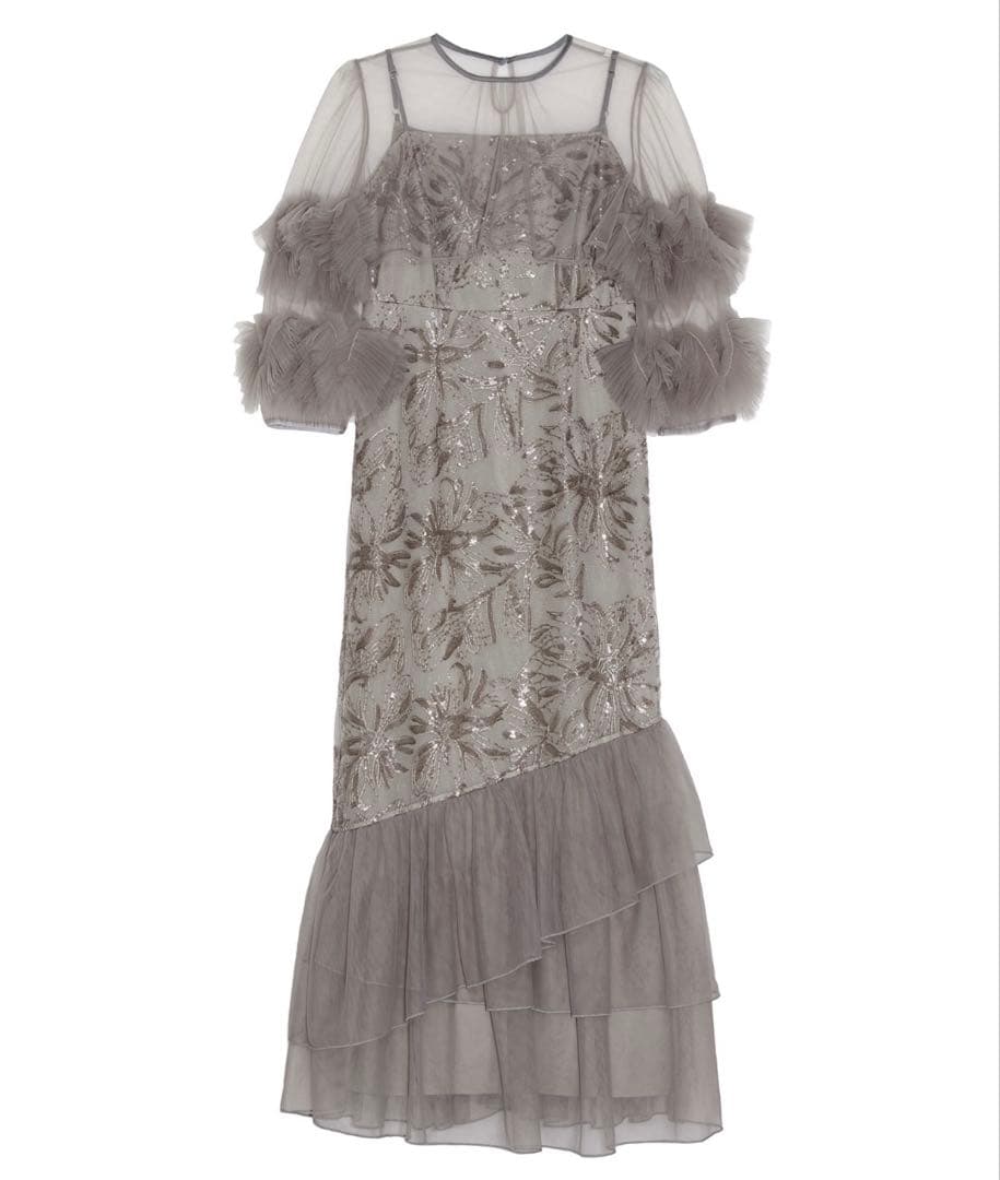 LEJA フラワースパンコールチュールフリルスリーブIラインワンピースドレス　S