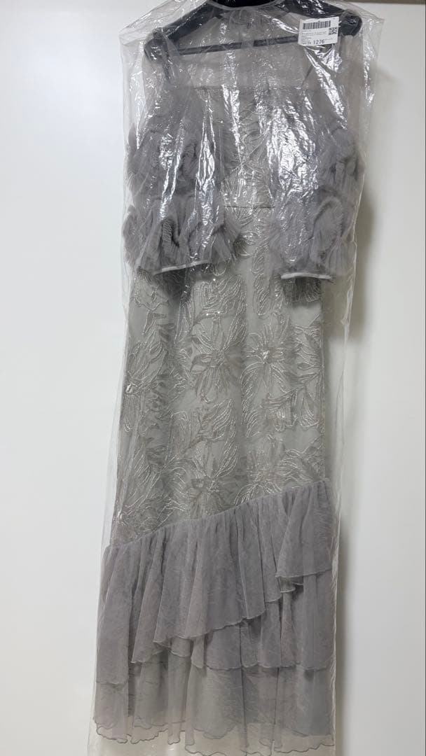 LEJA フラワースパンコールチュールフリルスリーブIラインワンピースドレス　S