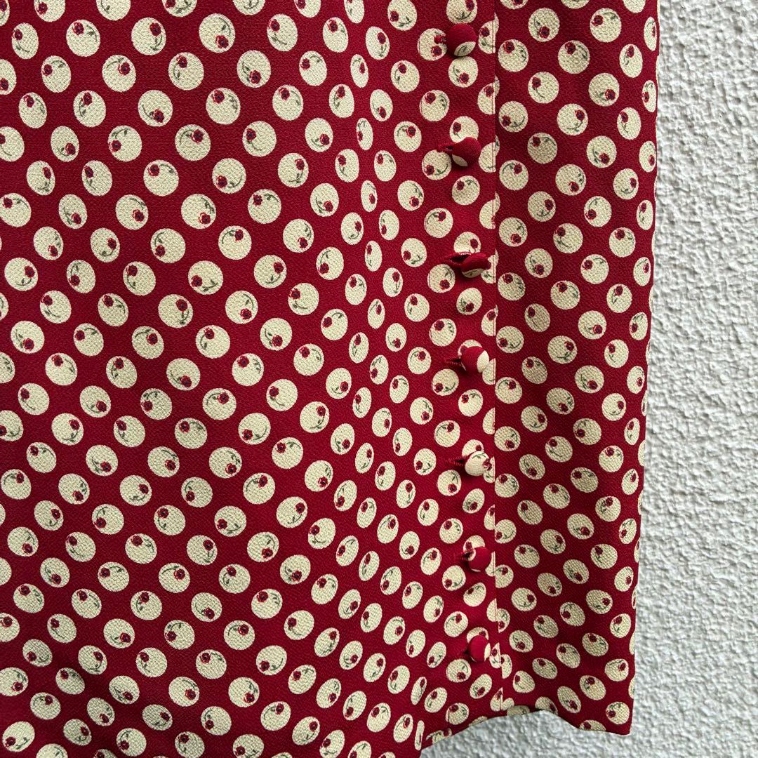 1980年前半金子功氏期　ピンクハウス　赤ワンピース　水玉花テキスタイル縮緬素材