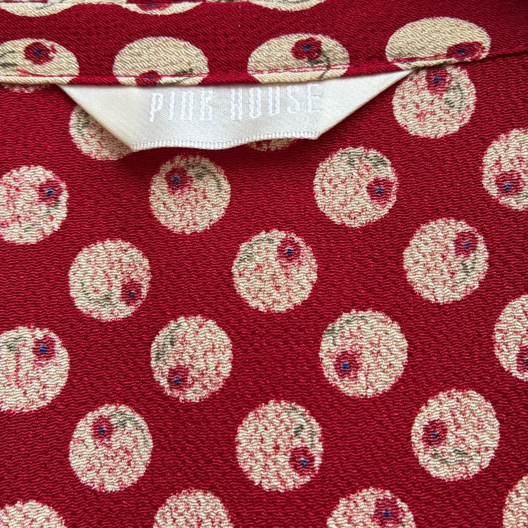 1980年前半金子功氏期　ピンクハウス　赤ワンピース　水玉花テキスタイル縮緬素材