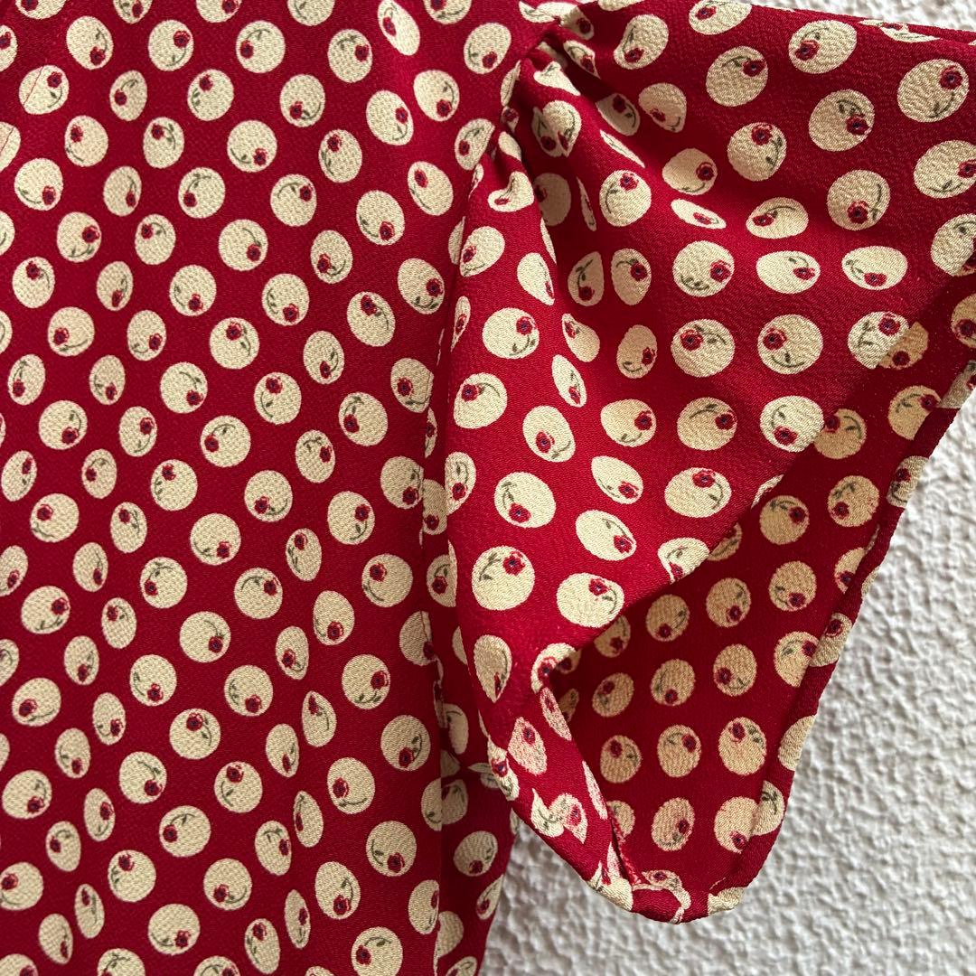 1980年前半金子功氏期　ピンクハウス　赤ワンピース　水玉花テキスタイル縮緬素材