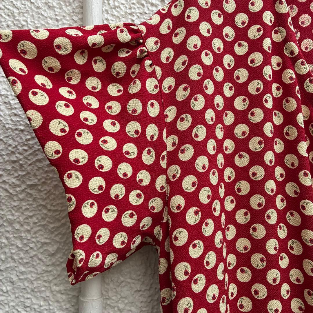 1980年前半金子功氏期　ピンクハウス　赤ワンピース　水玉花テキスタイル縮緬素材
