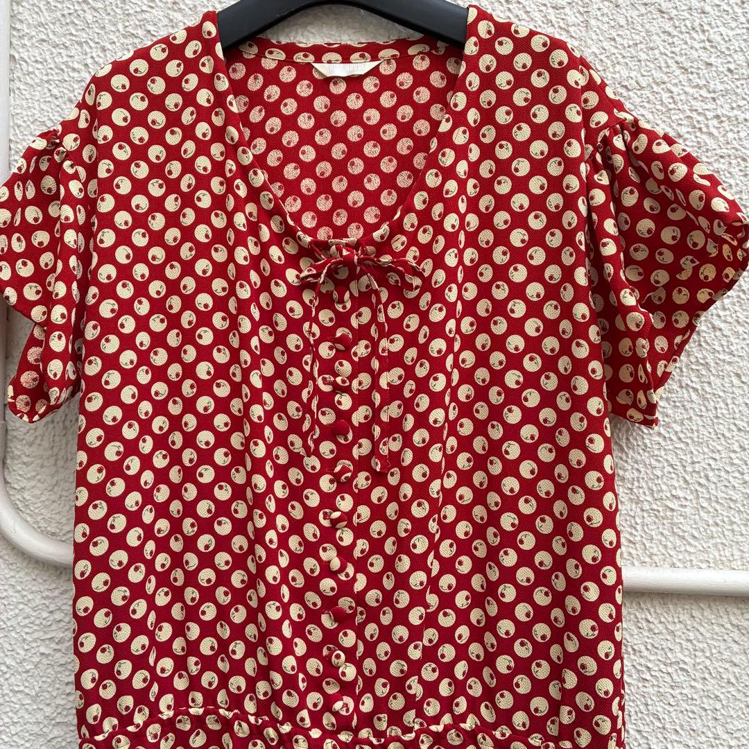 1980年前半金子功氏期　ピンクハウス　赤ワンピース　水玉花テキスタイル縮緬素材