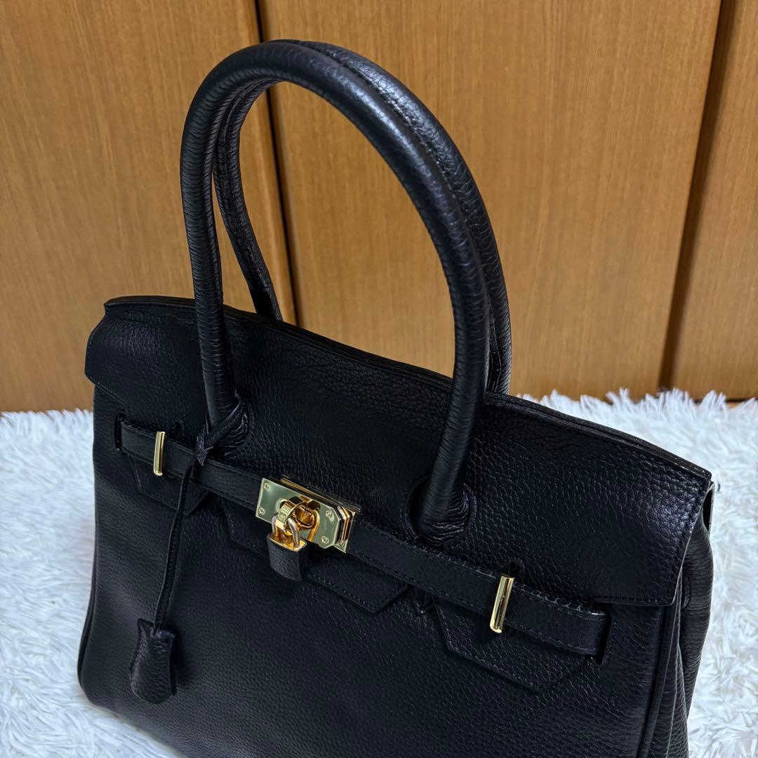 ✨️希少 トップハンドル ハンドバッグ シボ革 レザー 南京錠 カデナ ブラック
