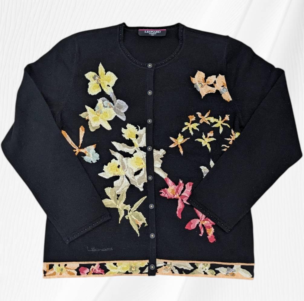 LEONARD レオナール 花柄 カシミヤ混 カーディガン ＬＬ