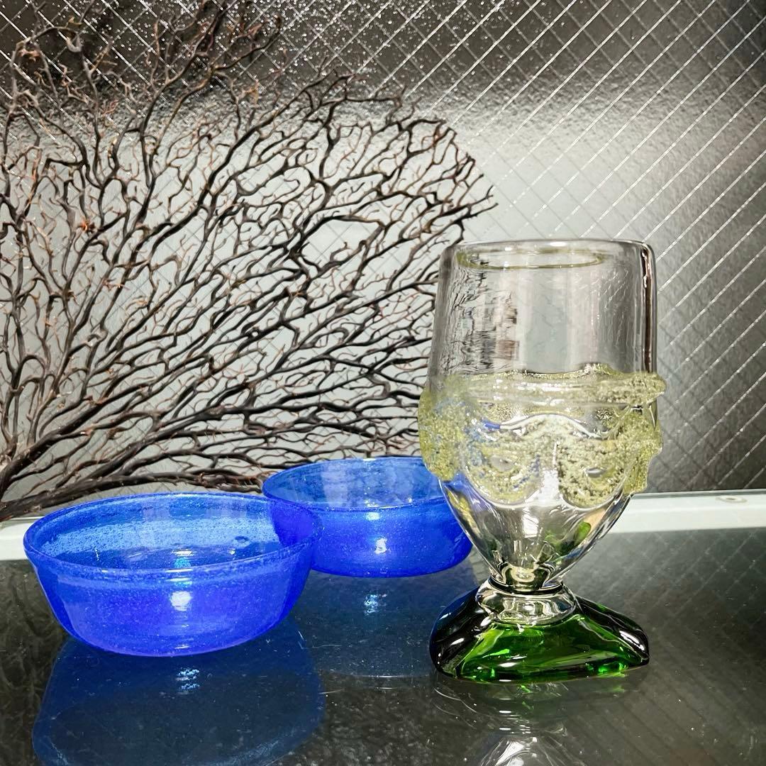 骨董　琉球ガラス　沖縄ガラス　現代の名工　稲嶺盛吉　希少　脚付　ゴブレット１客