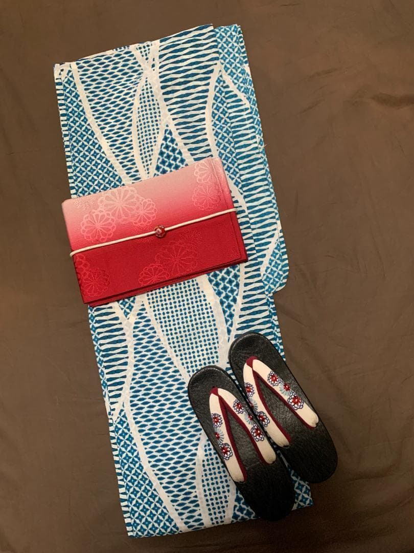 画像の帯の色違い 赤グラデ 帯付き◆◆ノー皺加工最高級カルキュロ◆碧玉波浴衣