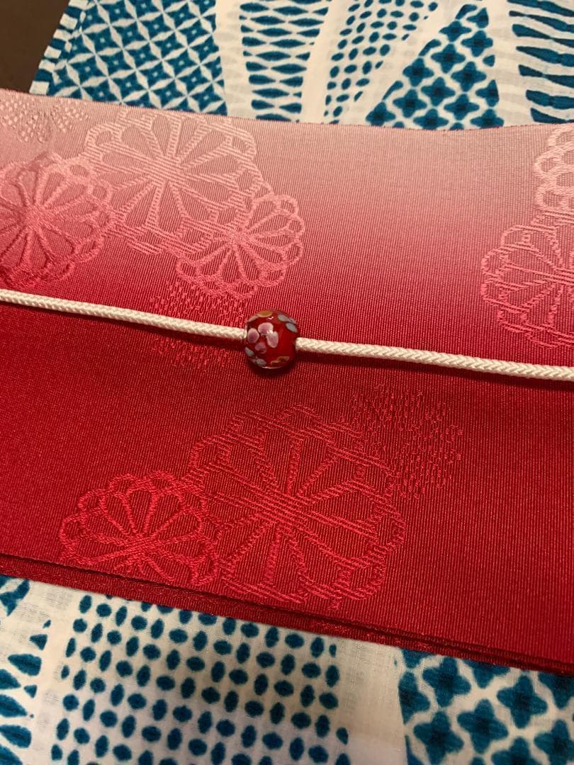 画像の帯の色違い 赤グラデ 帯付き◆◆ノー皺加工最高級カルキュロ◆碧玉波浴衣