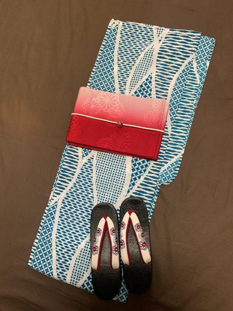 画像の帯の色違い 赤グラデ 帯付き◆◆ノー皺加工最高級カルキュロ◆碧玉波浴衣