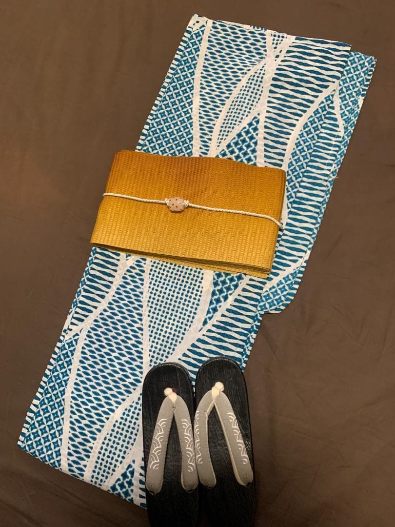 画像の帯の色違い 赤グラデ 帯付き◆◆ノー皺加工最高級カルキュロ◆碧玉波浴衣