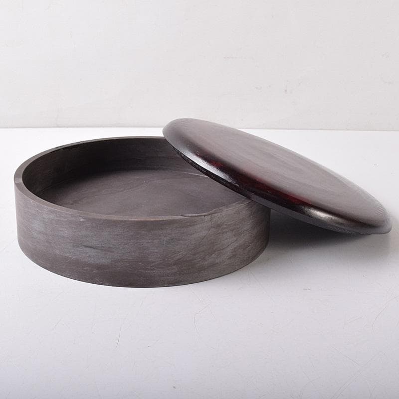 たまご中国　書道具　端渓硯　圓硯　唐木蓋付　C　7575