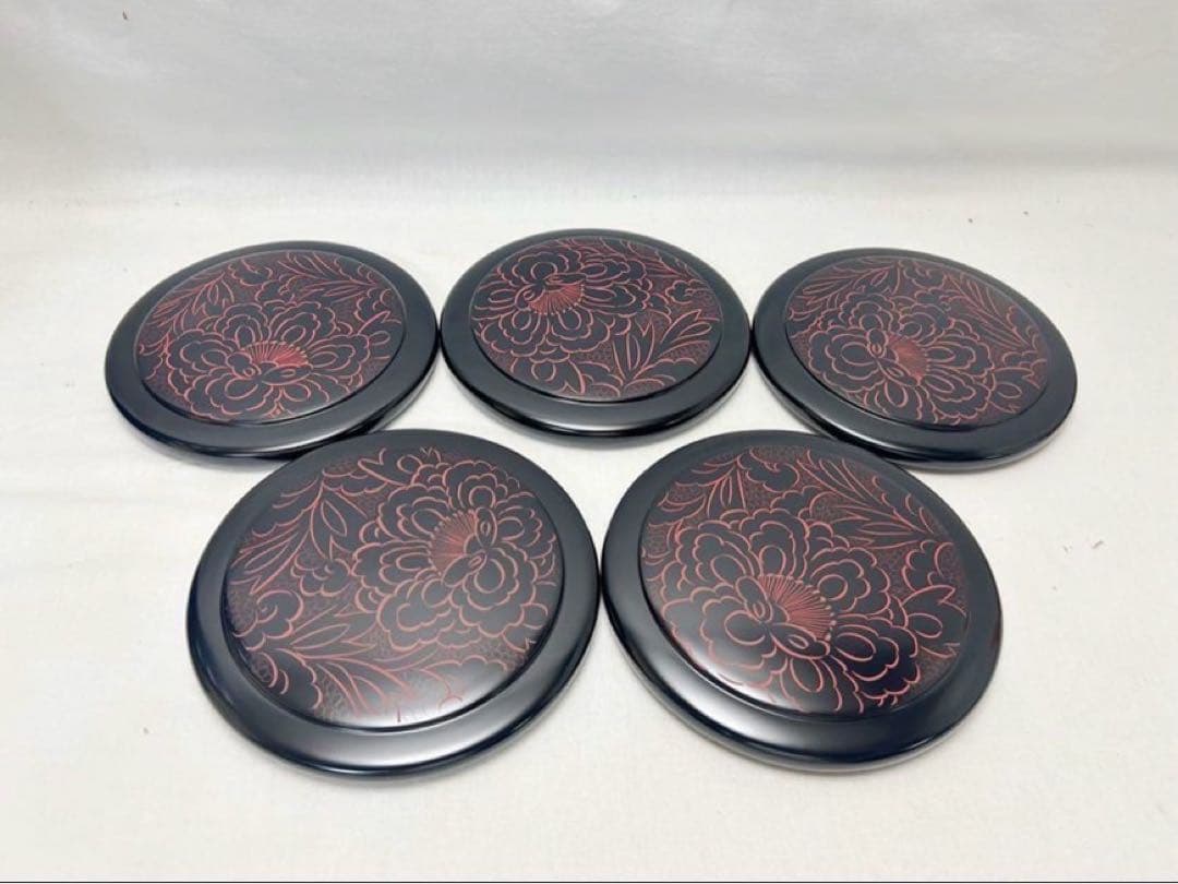 ほぼ未使用 懐石道具 輪島塗 木製漆器 ボタン紋 散寿司桶 5客揃 共箱