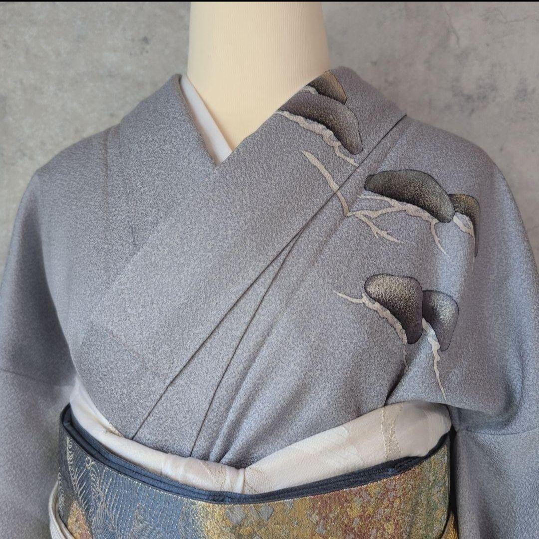 訪問着　フルセット　着物　正絹　グレーシルバー　松梅　寿　祝い事　O4r