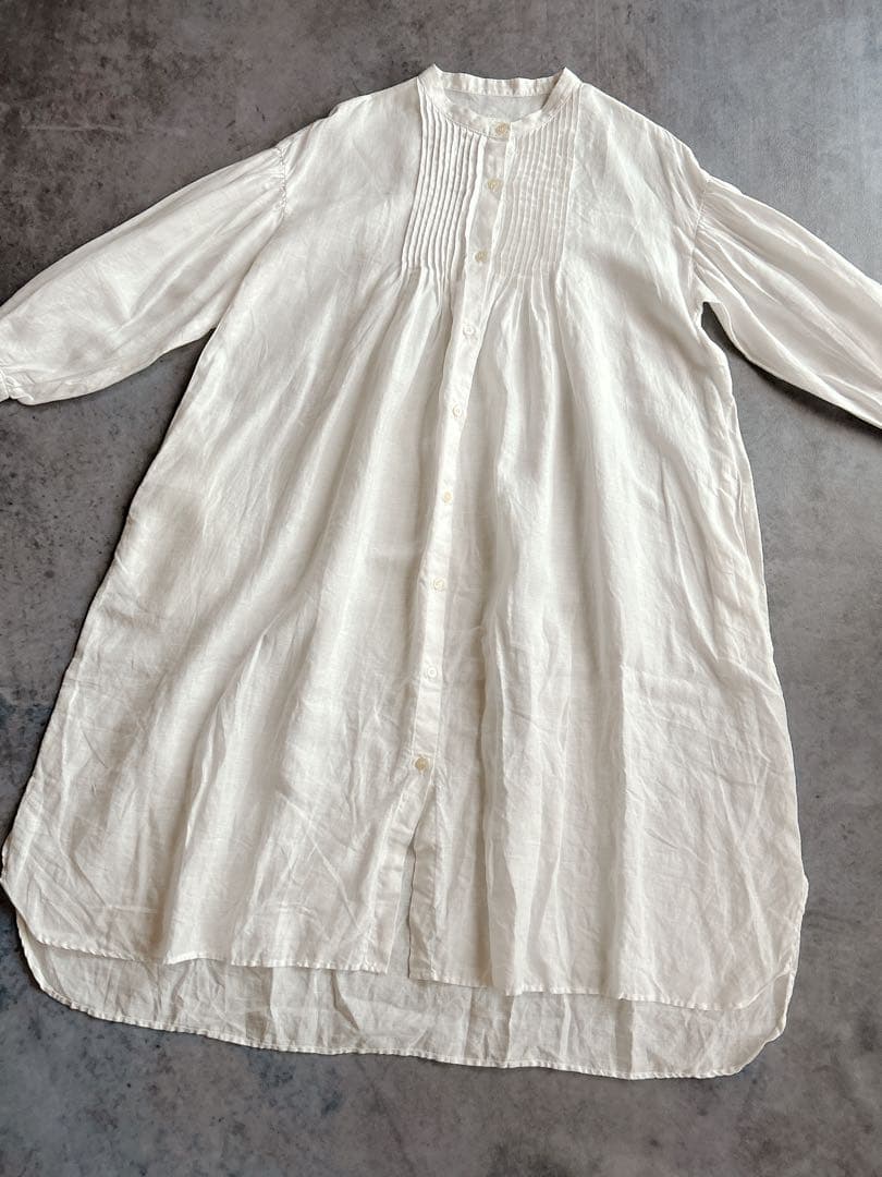 Gauze# ガーゼ ⿻ リネン バンドカラー タックワンピース 白 ナチュラル