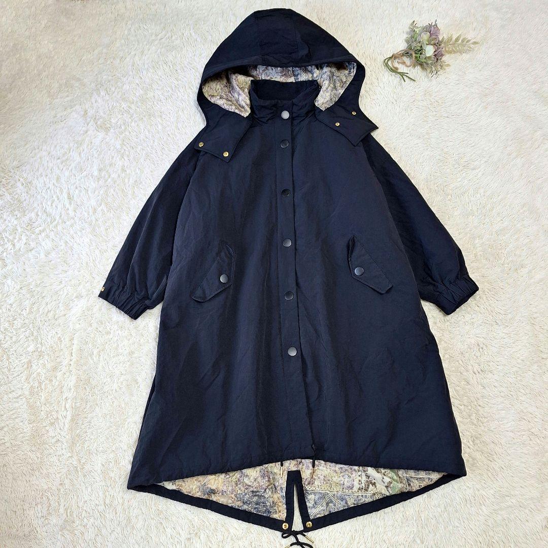 【極美品】メデジュウキュウ　リラックスモッズコート　 スカーフ柄裏地　黒　3