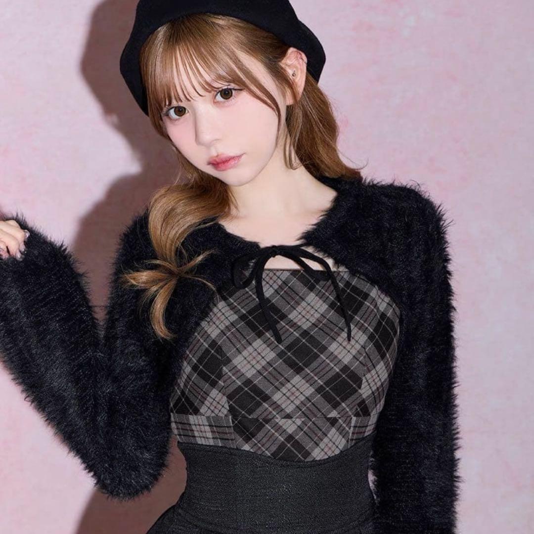 ミシェルマカロン シャギーボレロsetチェックトップス