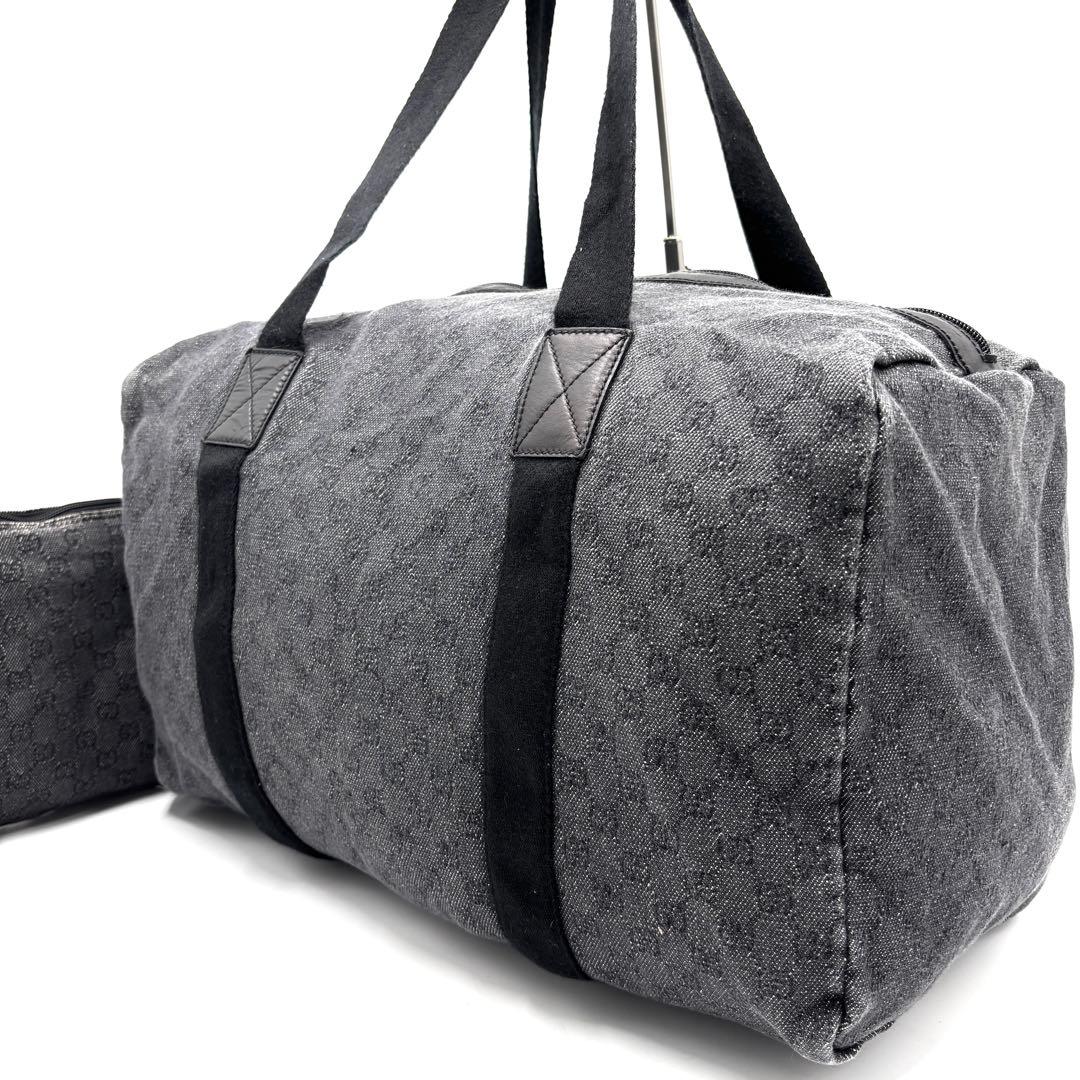 【美品】グッチ ボストンバッグ GGキャンバス 黒 折り畳み ポーチ付き 大容量