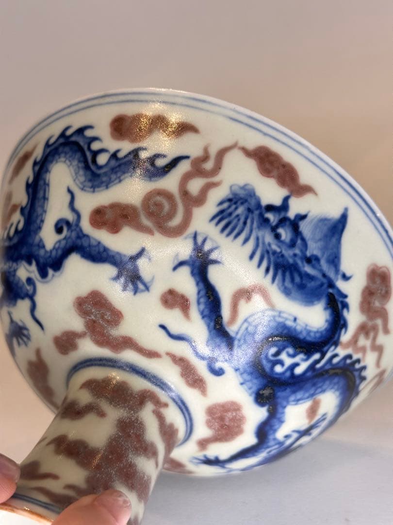 大明宣徳年製底款 高台高杯 青花染付 二龍戯珠文 瑞雲文 果子器 古董品 古陶磁