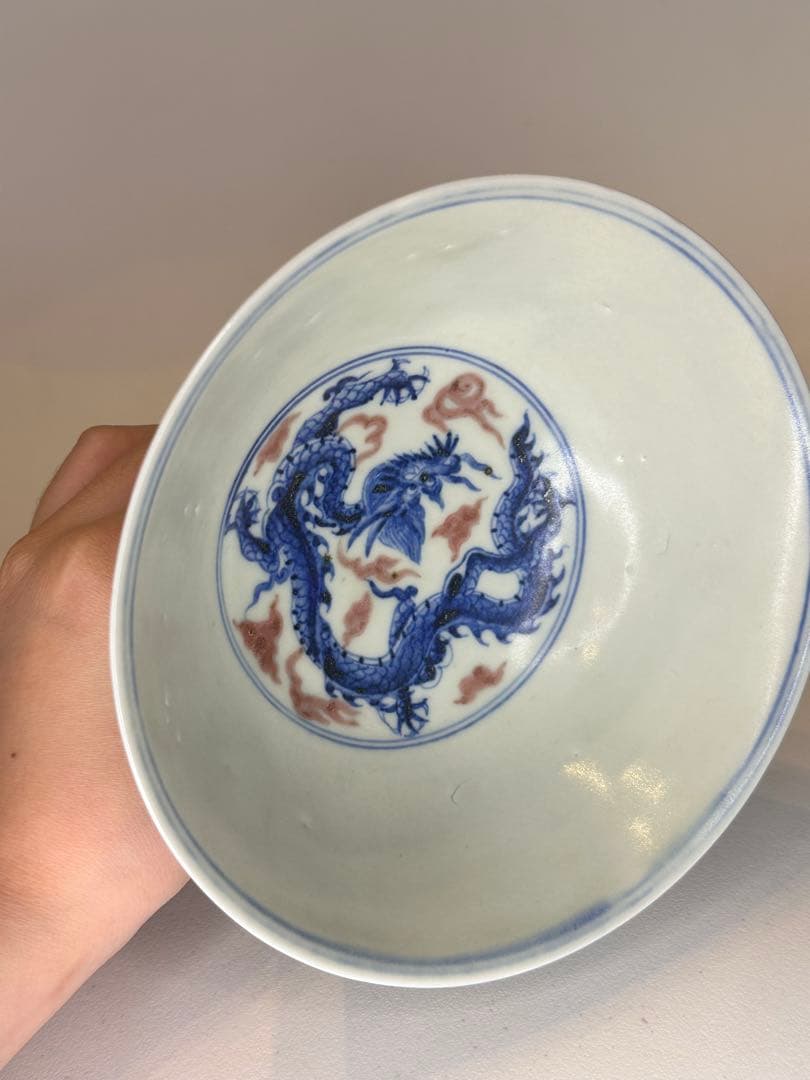 大明宣徳年製底款 高台高杯 青花染付 二龍戯珠文 瑞雲文 果子器 古董品 古陶磁
