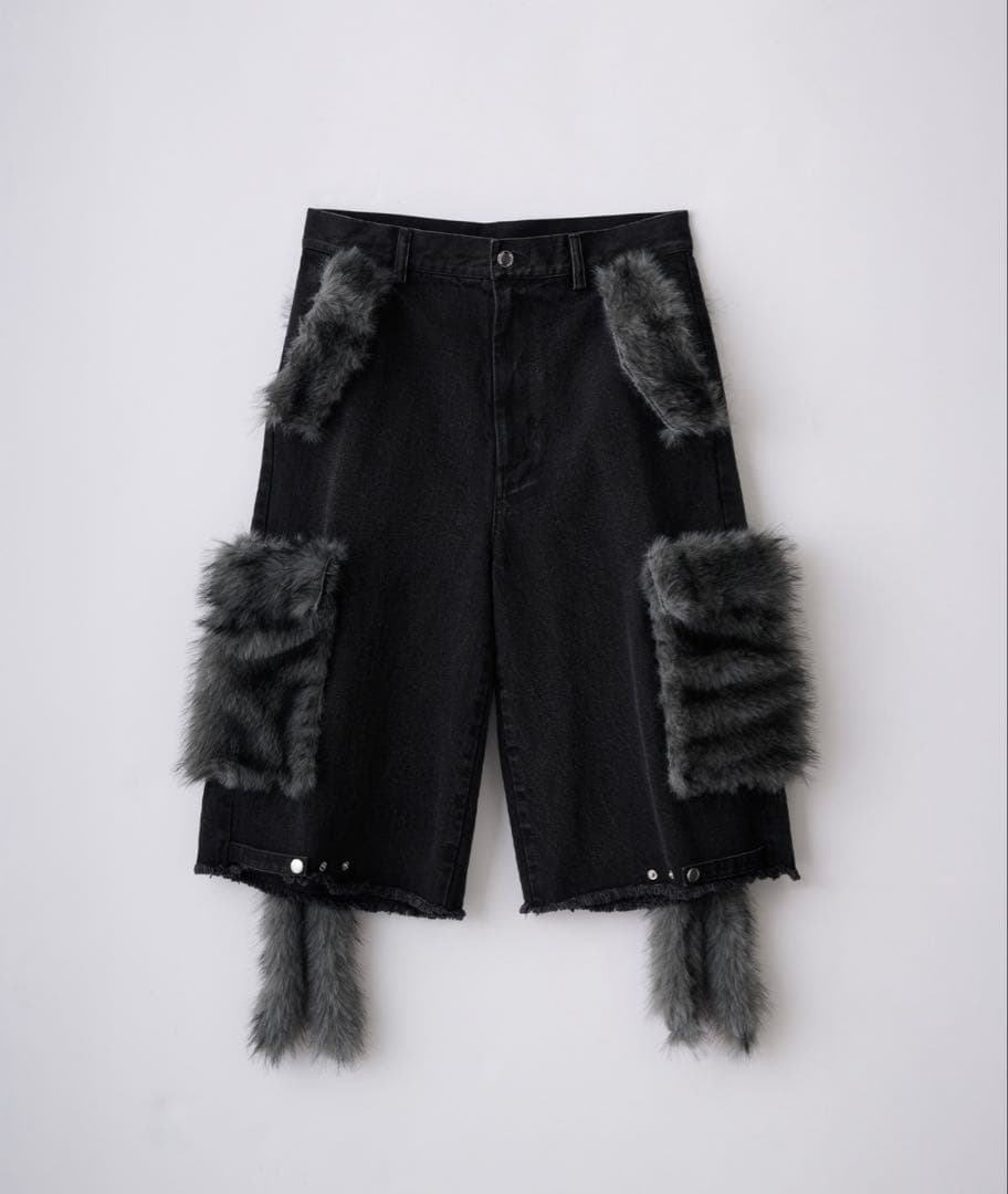 【GRANCY】ファーポケットデザインハーフデニムカーゴパンツブラック M