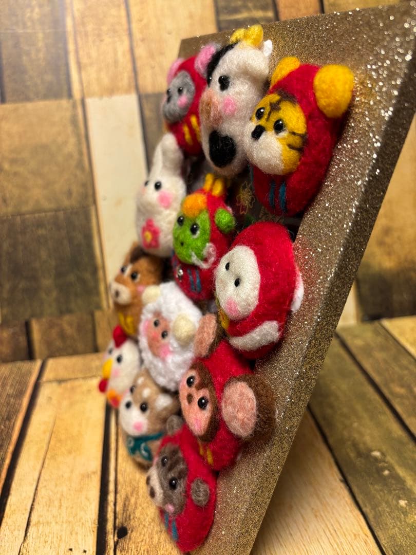 縁起飾り 十二支フレーム【羊毛フェルト・アクレーヌ】ゴールドラメフレーム／干支