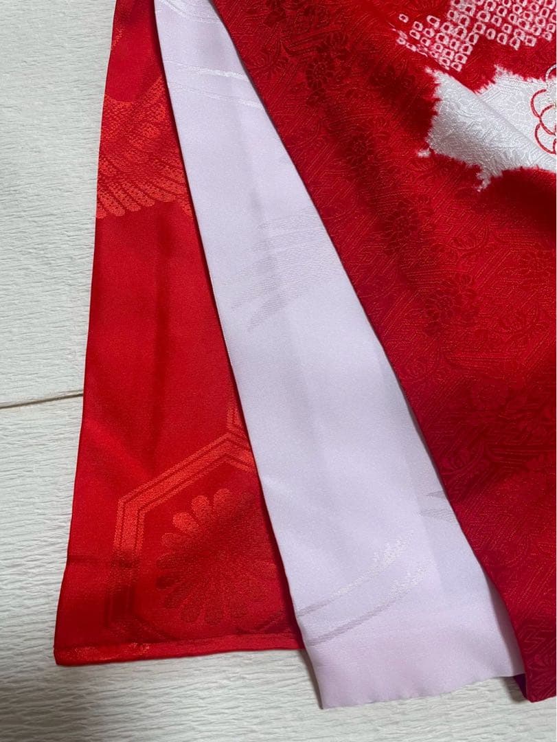 産着　女の子　正絹　ポリエステル　金駒刺繍　絞り　高級　赤　長襦袢付き　地紋