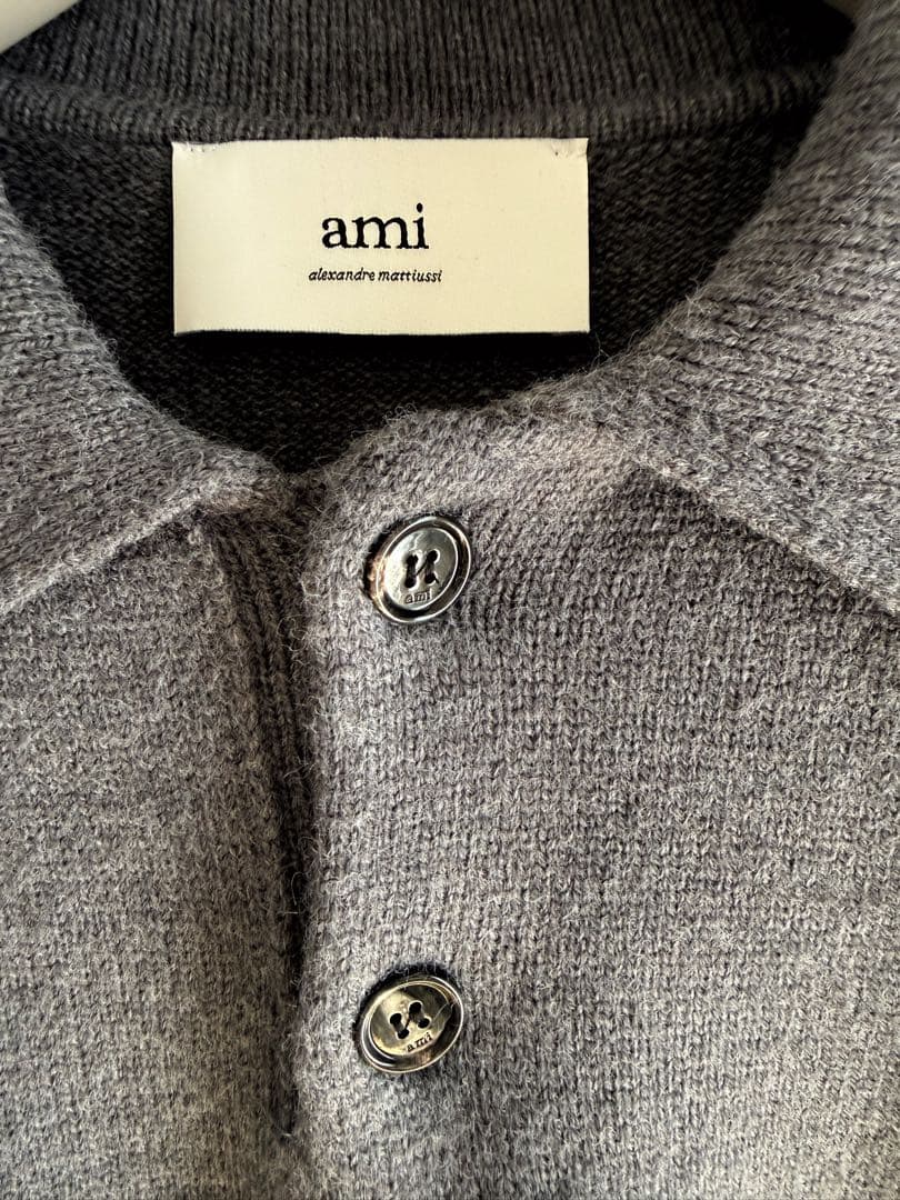 AMI PARIS グレー ニットポロシャツ ハート刺繍 lサイズ 秋冬