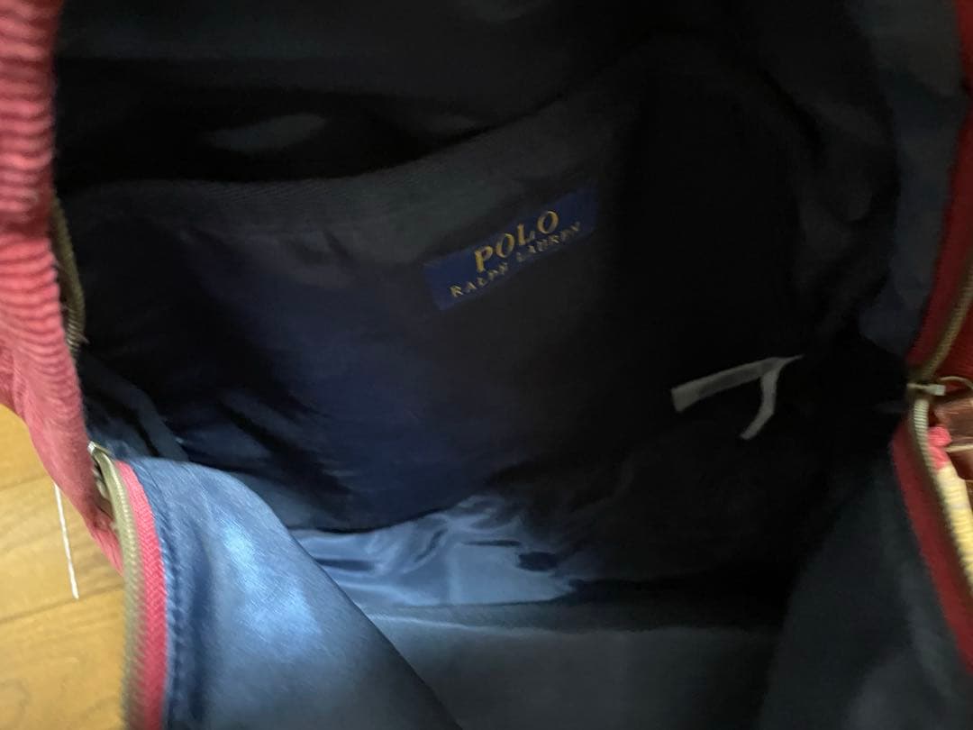 赤 コーデュロイ リュック ポロ刺繍