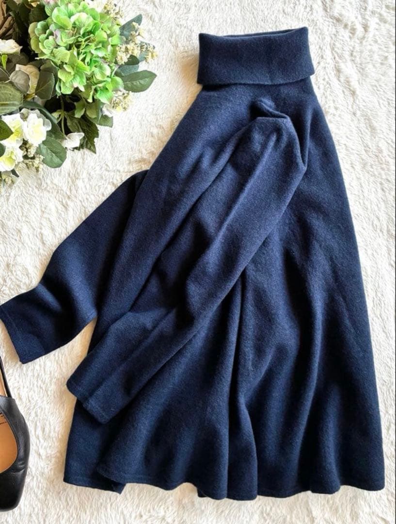 45R ウール100％ フロート縮絨ハイネックニットフレアチュニック極美品