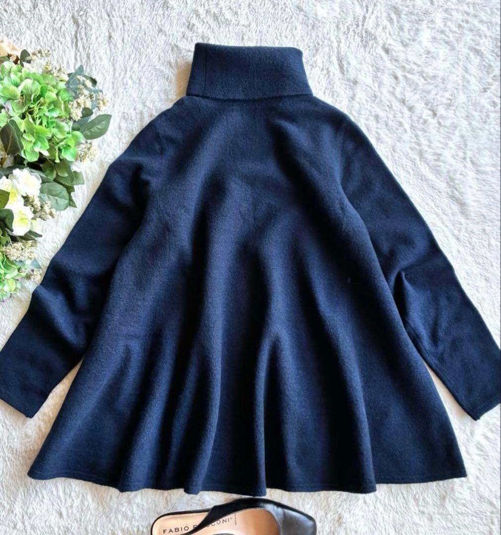 45R ウール100％ フロート縮絨ハイネックニットフレアチュニック極美品