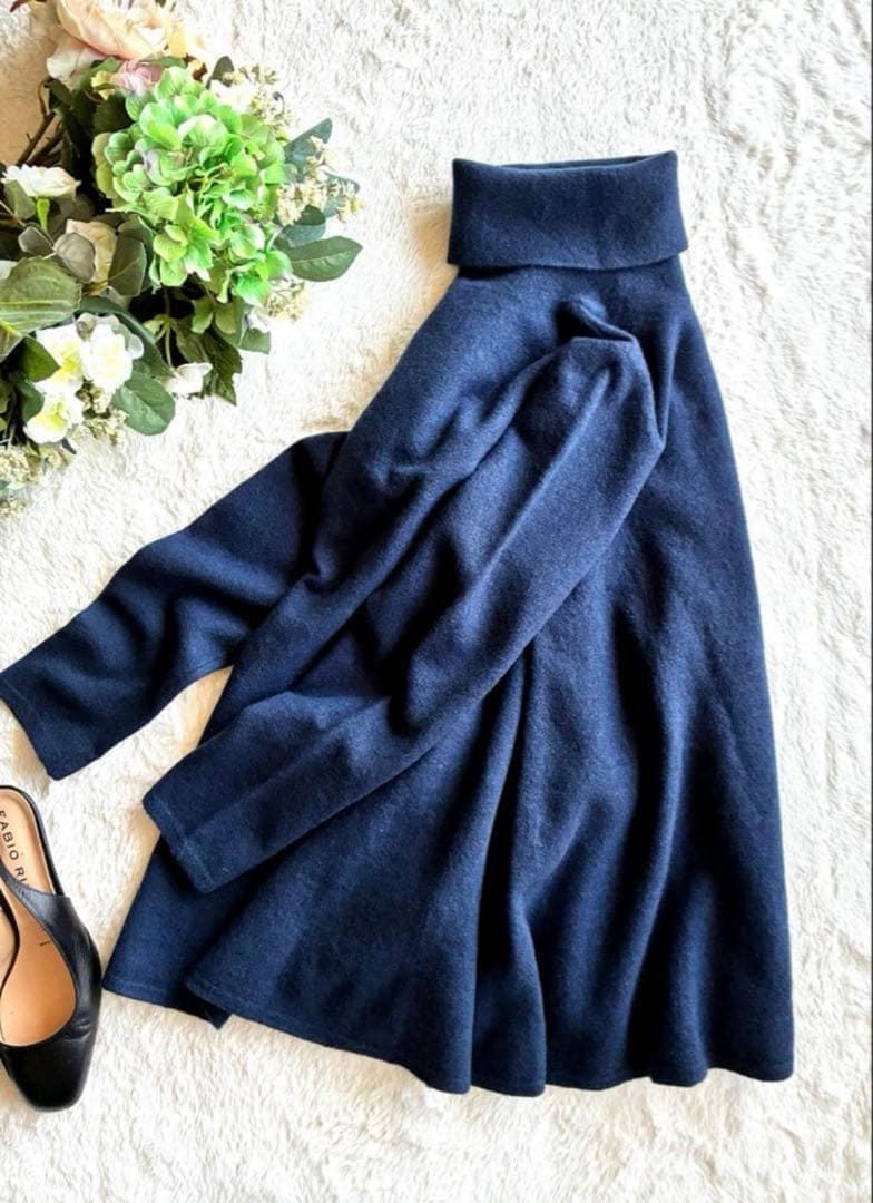 45R ウール100％ フロート縮絨ハイネックニットフレアチュニック極美品